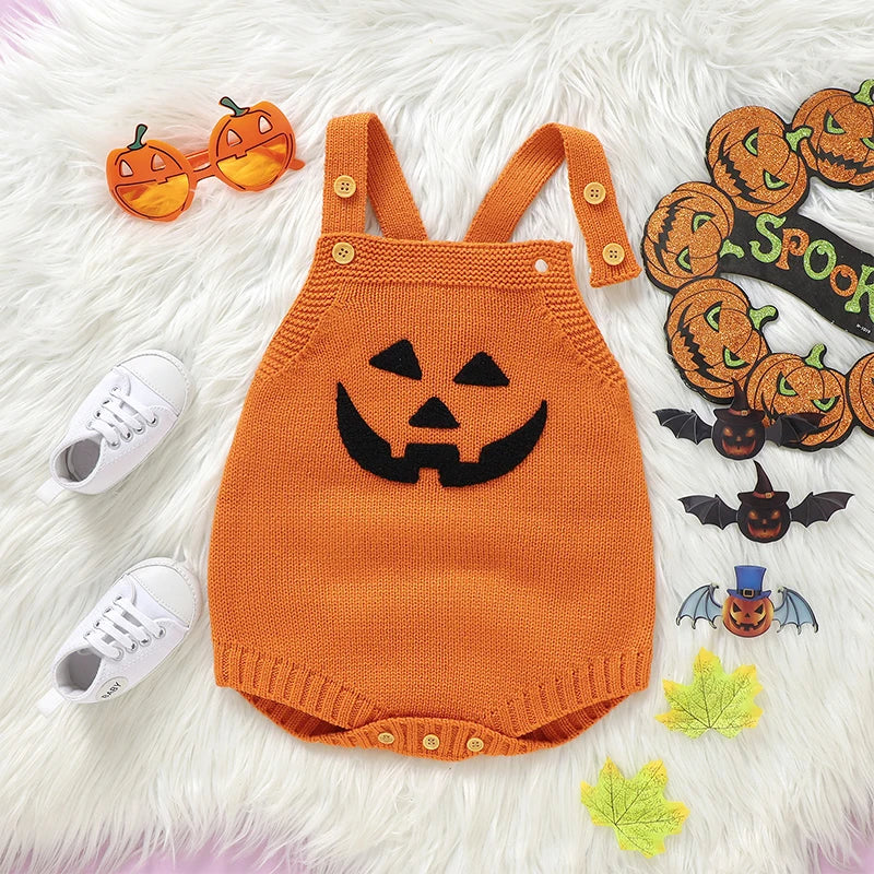 Baby Boys Girls Knit Romper Sleeveless Pumpkin Face Jack O Lantern Bodysuit Overalls Halloween