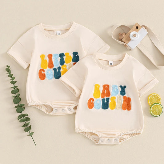 Baby Girls Boys Baby / Little Cousin Romper Short Sleeve Crew Neck Letter Embroidery Family Jumpsuit