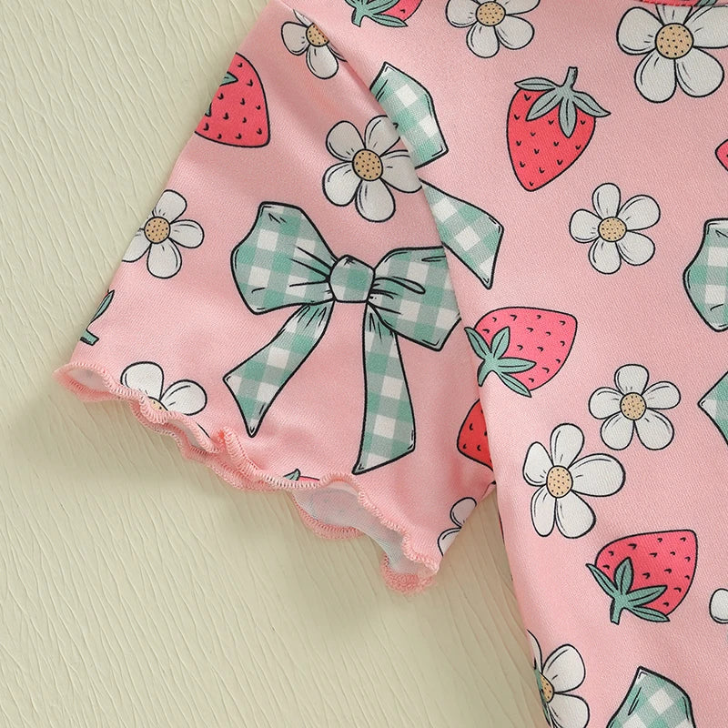 Baby Toddler Girls 2Pcs Summer Spring Outfit Short Sleeve Bow Strawberry Flower Floral Print Top + Shorts Set Clothes