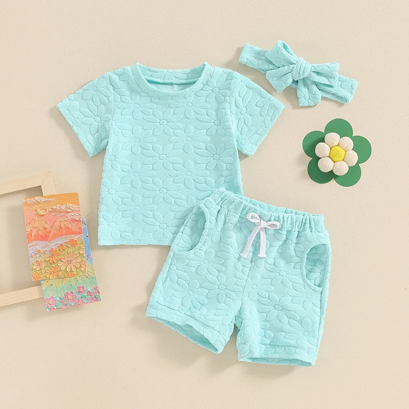 Baby Toddler Girls 3Pcs Flower Pattern Fabric Short Sleeve Top with Elastic Waist Shorts with Hairband Outfit Set