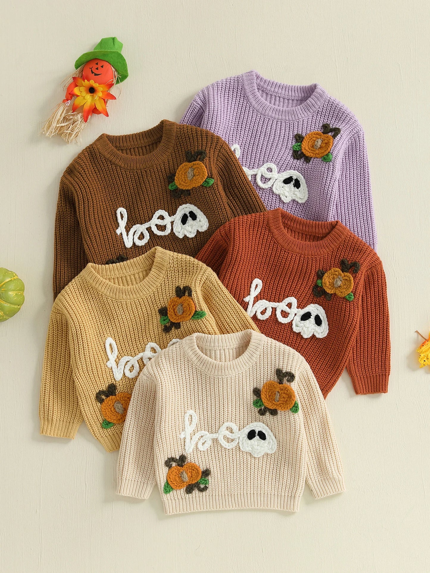 Baby Toddler Boys Girls Halloween Sweater Boo Letter Ghost Embroidery Long Sleeve Crew Neck Knitwear Pullover Top
