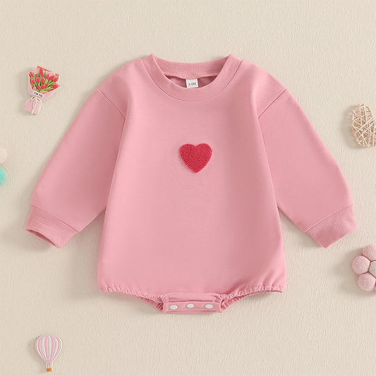 Baby Girls Valentine's Day Bodysuit Heart Embroidery Long Sleeve Jumpsuit Valentines Bubble Romper