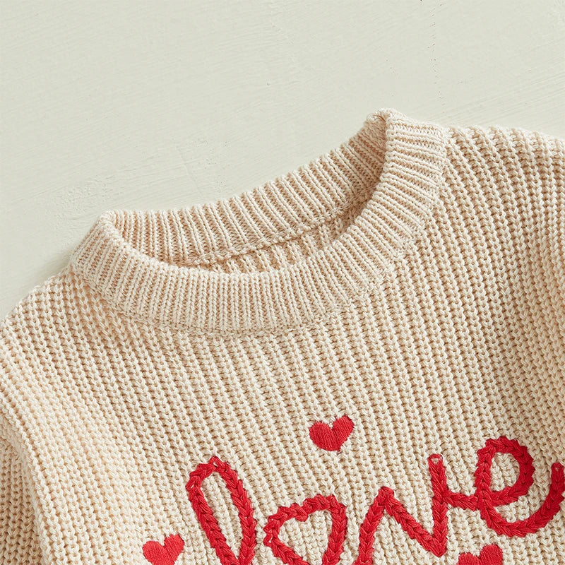 Baby Girl Boy Love Valentine’s Day Romper Long Sleeve O-Neck Letter Embroidery Knit Jumpsuit Sweater Bodysuit