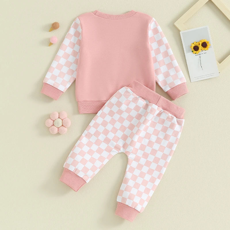 Toddler Baby Girl 2Pcs Daddy‘s Girl Letters Print Checkered Pattern Long Sleeve Crewneck Top Jogger Pants Set Outfit