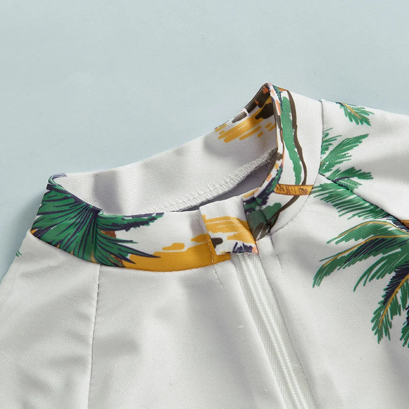 Baby Toddler Boys Rash Guard Swimwear Palm Tree Print Short Sleeve Mock Neck Zip Bathing Suit