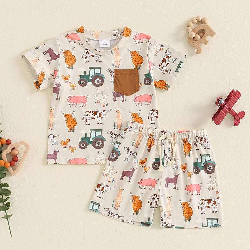 Baby Toddler Boys 2Pcs Farm Outfit Animal Tractor Print Pocket Short Sleeve Top with Elastic Waist Shorts Set