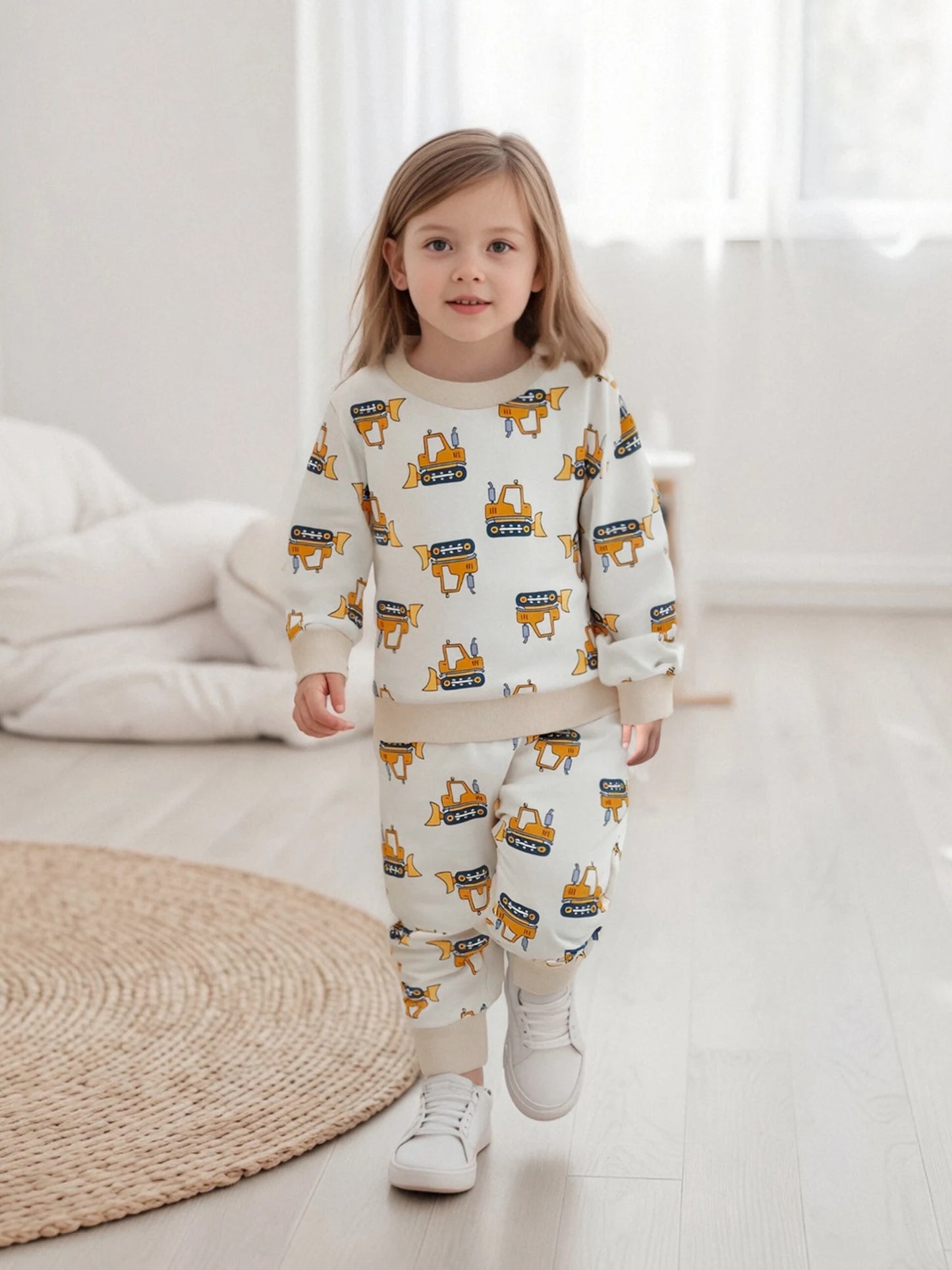 Baby Toddler Boys 2Pcs Autumn Sets Long Sleeve O Neck Excavator Print Top Drawstring Pants Jogger Set