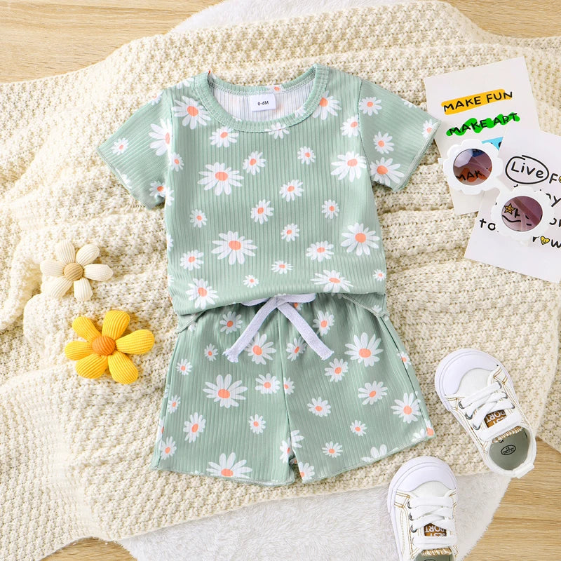 Baby Toddler Girl 2Pcs Clothes Set Round Neck Short Sleeve Daisy Flower Print Top + Elastic Waist Shorts Outfit