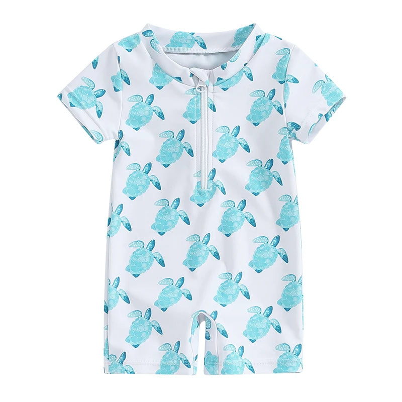 Baby Toddler Boys Summer Swimsuit Rompers Short Sleeve Turtle/Shark Print Zipper Bathing Suit Swimwear Romper