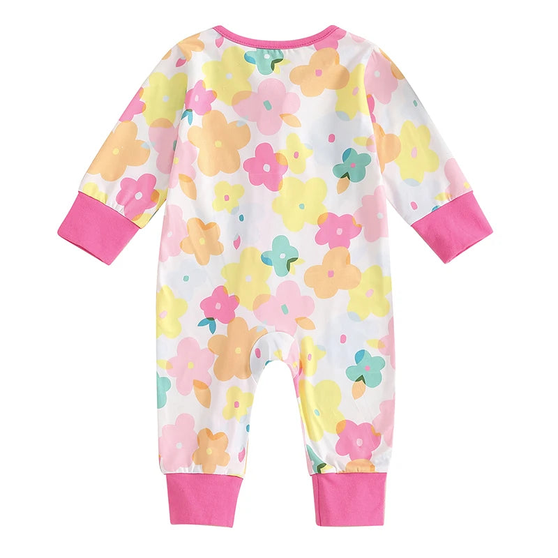 Baby Girls Jumpsuit Long Sleeve Crew Neck Flower Pumpkin Bow Print Zipper Romper