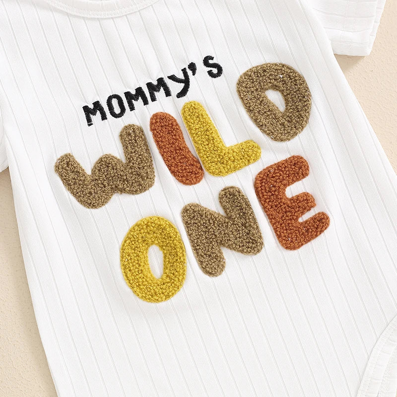 Baby Girls Boys Mommy's Wild One / Dad's Little Dude Ribbed Romper Letter Embroidery Round Neck Short Sleeve Jumpsuit