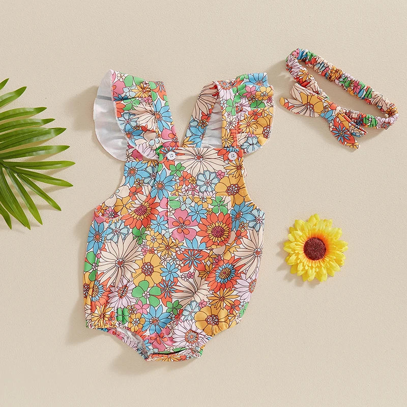 Baby Girl 2Pcs Outfit Fly Sleeve Flower Print Romper with Hairband Summer Clothes Set