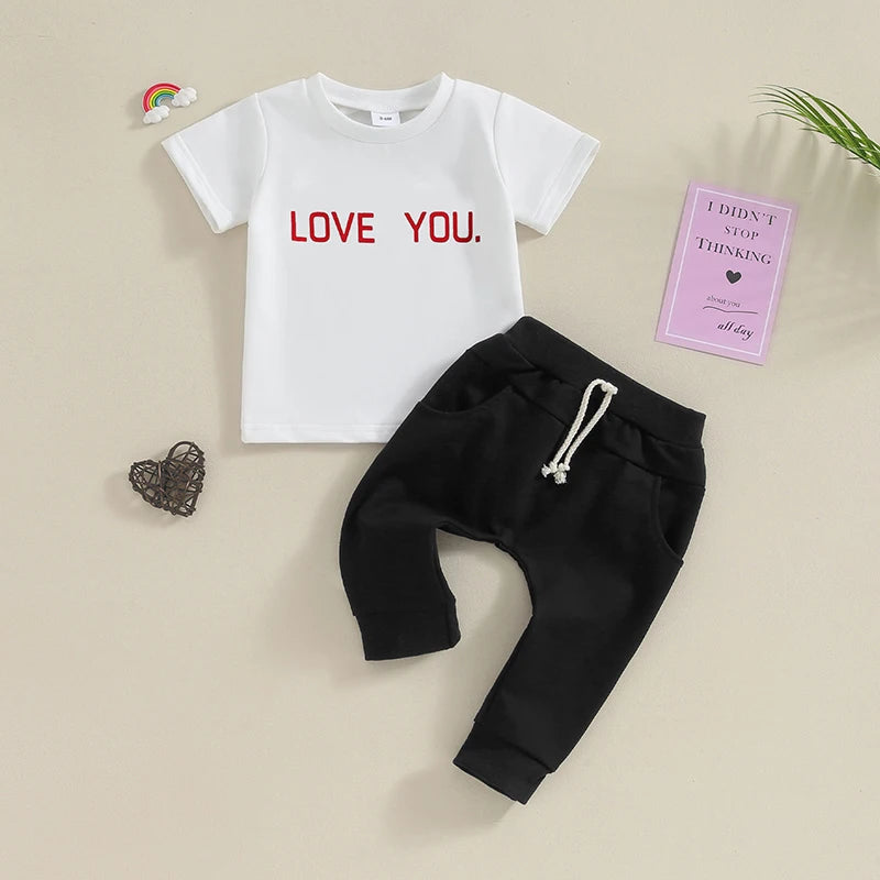 Toddler Baby Boy Girl 2Pcs Valentine's Day Outfit Pullover Short Sleeve Letters LOVE YOU Top Long Pants Set