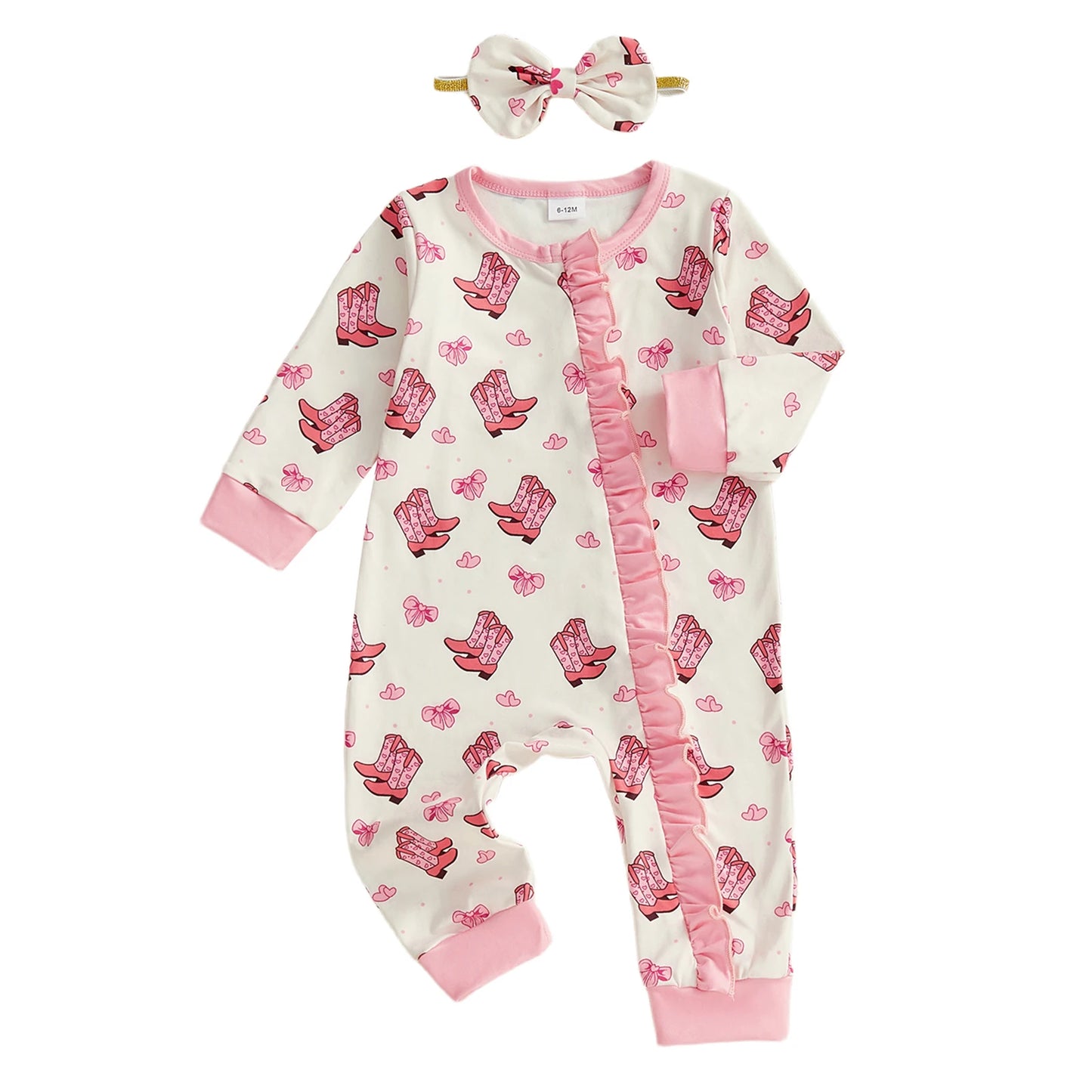 Baby Girls 2Pcs Western Bow Boot Print Long Sleeve Round Neck Zipper Romper Jumpsuit with Bow Headband Set