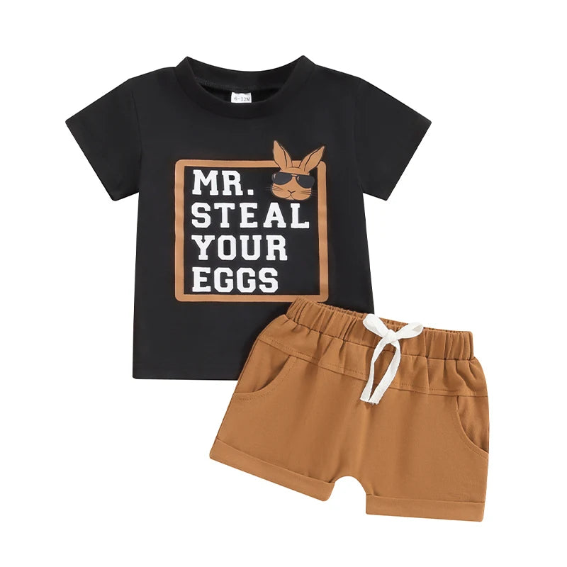 Baby Toddler Boy 2Pcs Easter Outfit Short Sleeve Mr. Steal Your Eggs Letters Rabbit Bunny Sunglasses Print T-shirt with Elastic Waist Shorts Set