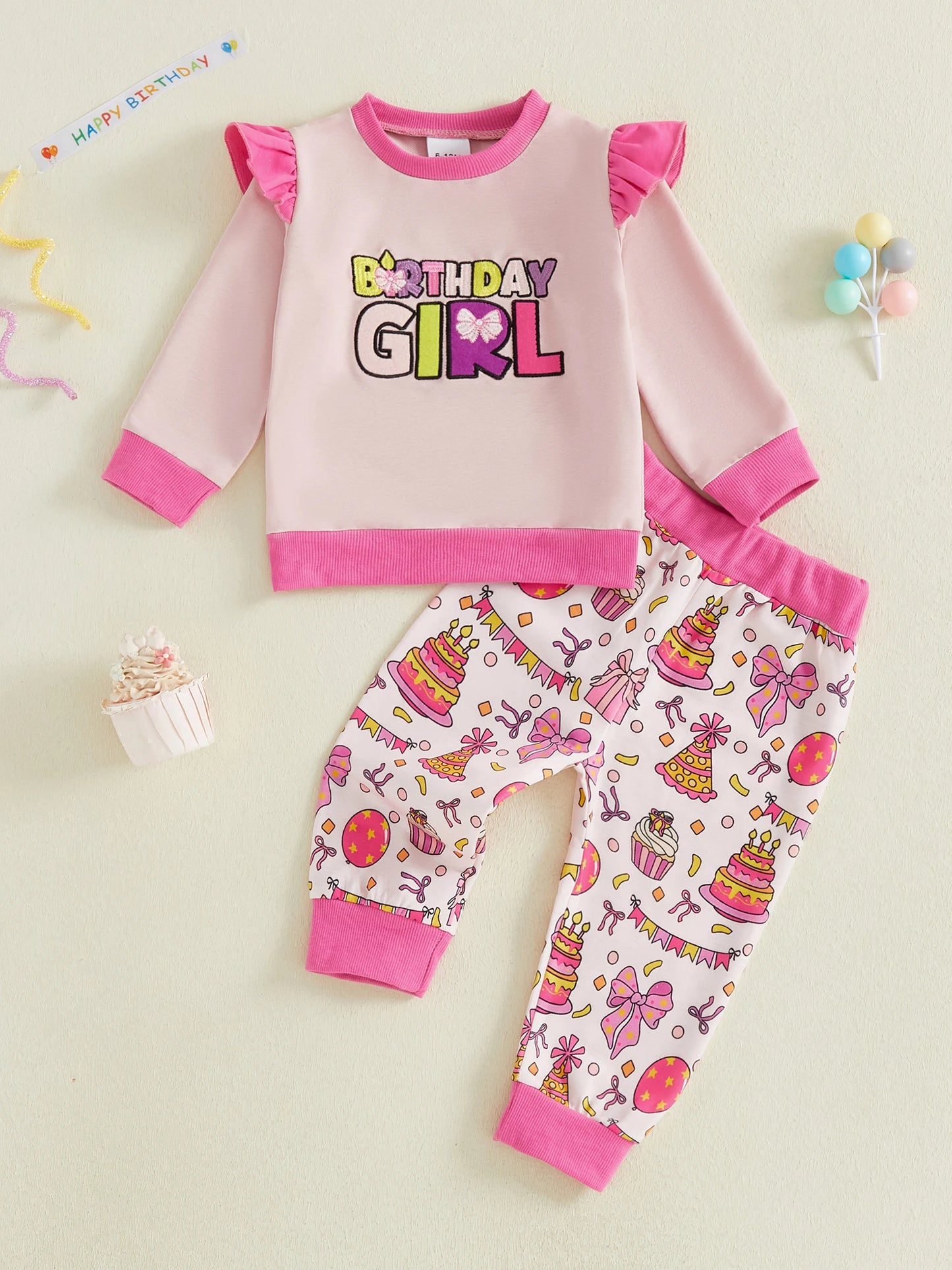 Baby Toddler Girls 2Pcs Birthday Girl Pants Set Long Sleeve O Neck Letter Embroidery Top Cake Balloon Print Pants Jogger Set