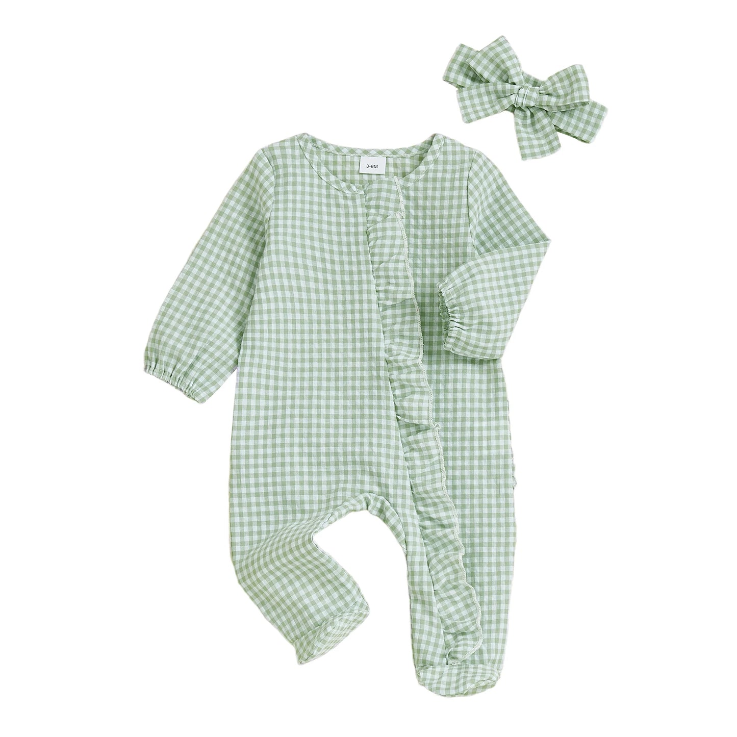 Baby Girl 2Pcs Fall Footies and Headband Set Plaid Ruffled Trim Zip Front Long Sleeve Zipper Romper