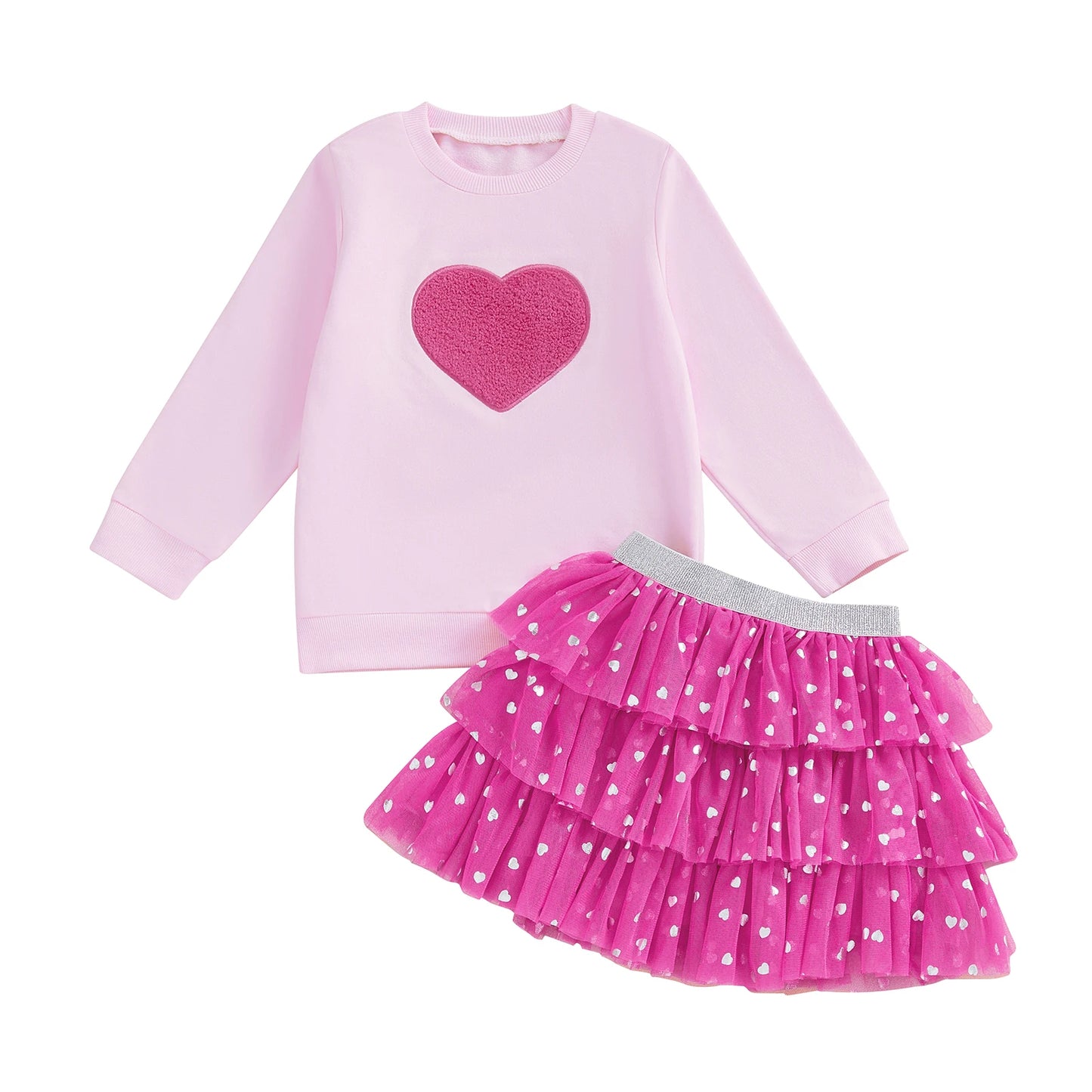 Baby Toddler Girls 2Pcs Outfit Long Sleeve Crew Neck Heart Embroidery Top and Tiered Tulle Skirt Set