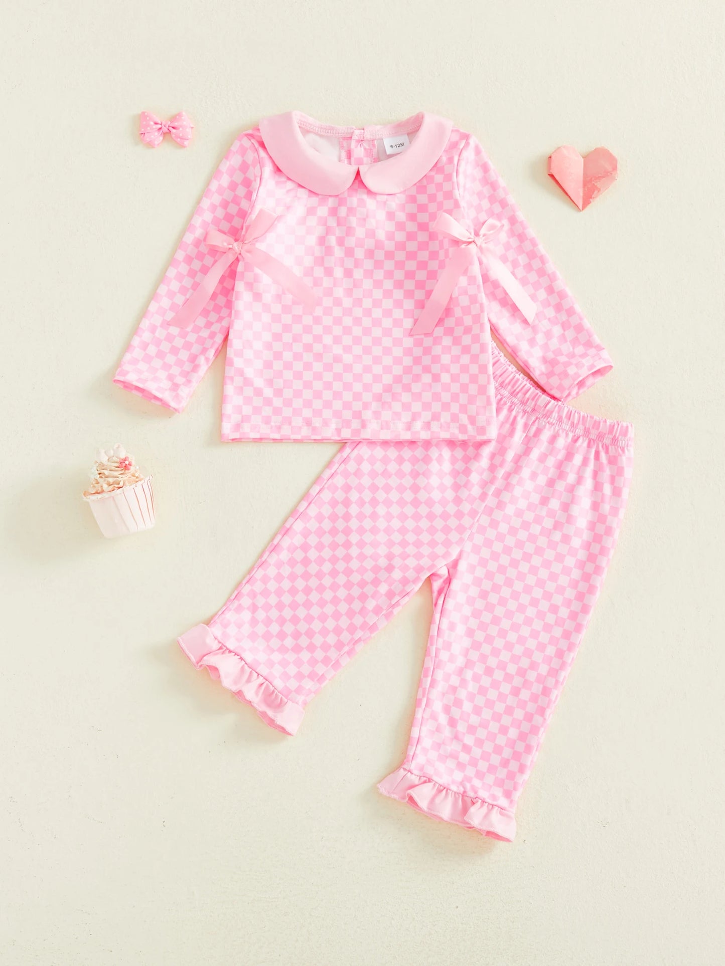 Baby Toddler Girls 2Pcs Pants Sets Long Sleeve Doll Collar Plaid Top Flared Pants Set