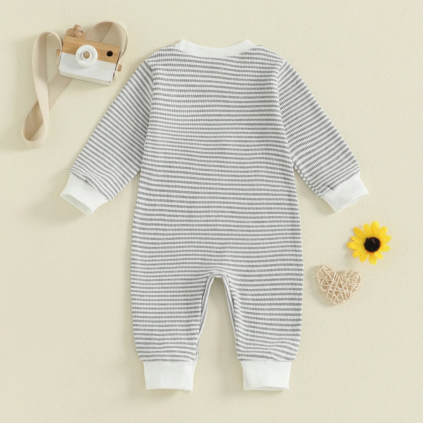 Baby Boys Mama's Boy Fall Romper Letter Embroidery Long Sleeve Round Neck Full Length Waffled Stripe Jumpsuit