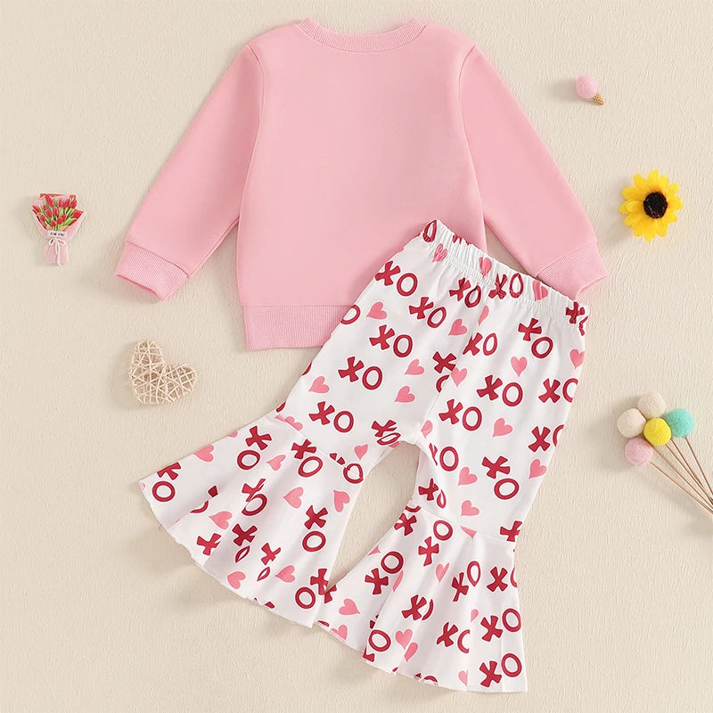 Baby Toddler Girls 2Pcs XOXO Valentine's Day Outfit Letter Embroidery Long Sleeve Crewneck Top with Heart Pattern Flare Pants Valentines Set