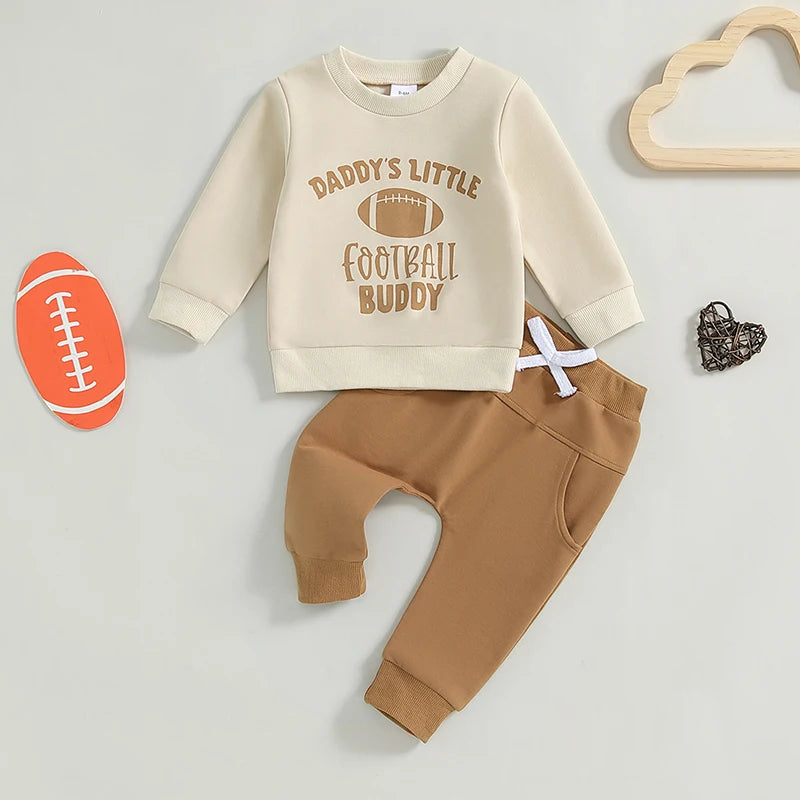 Baby Toddler Boys 2Pcs Game Day / Daddy's Little Football Buddy Fall Outfit Letter Print Long Sleeve Top and Elastic Pants Set