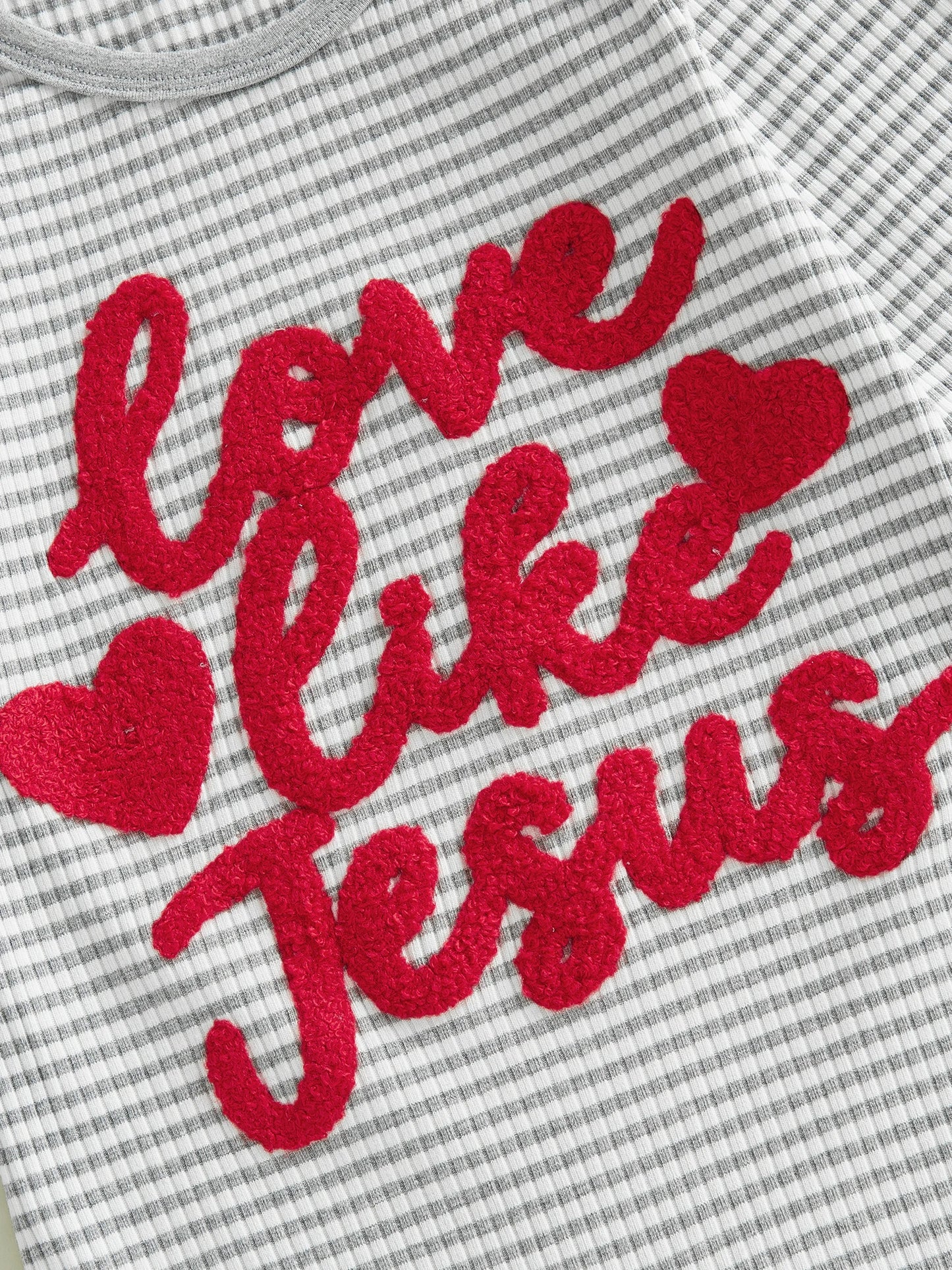 Baby Boys Girls 2Pcs Valentine's Day Romper Love Like Jesus Striped Heart Letter Embroidered Long Sleeve Jumpsuit Knotted Hat Set
