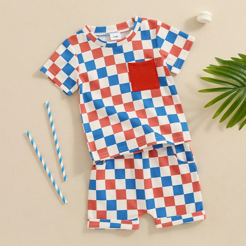 Baby Toddler Boys 2Pcs Outfit Checker Pattern Pocket Round Neck Short Sleeve Top Elastic Waist Shorts Set