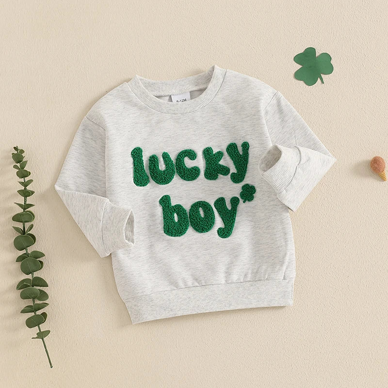 Baby Toddler Boys Lucky Boy St. Patrick's Day Irish Spring Letter Clover Shamrock Embroidered Long Sleeve O-Neck Casual Pullover Top