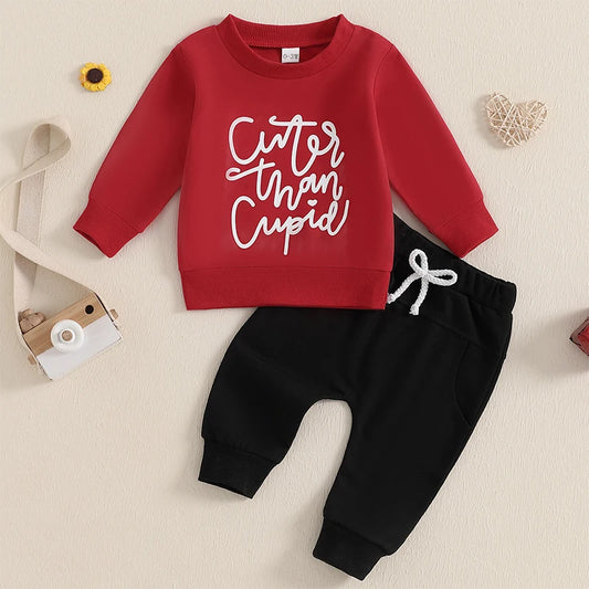 Baby Toddler Boys 2Pcs Cuter Than Cupid Valentine's Day Jogger Set Letter Print Long Sleeve Round Neck Top Pockets Long Pants Outfit Valentines