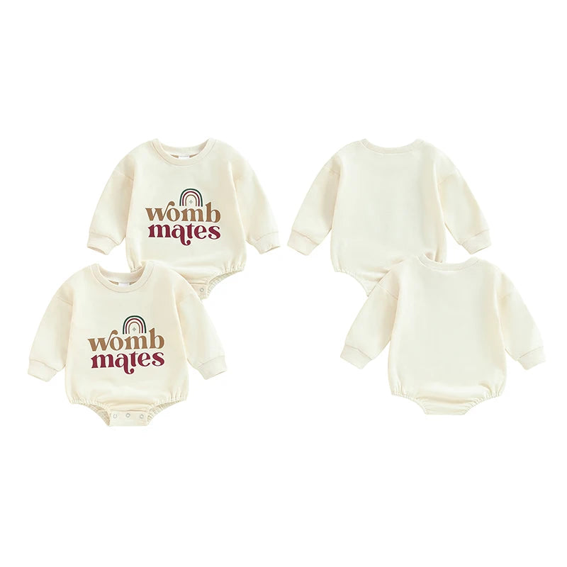 Baby Girls Boys 2Pcs Womb Makes Bubble Rompers Twins Clothes Rainbow Letter Print Long Sleeve Bodysuits