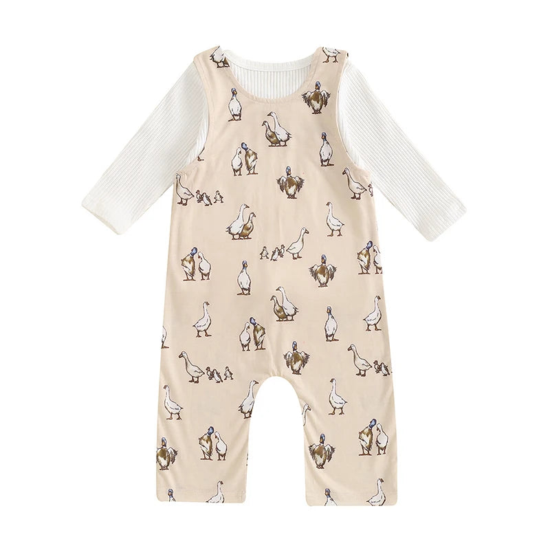 Baby Girls 2Pcs Fall Outfit Ribbed Solid Color Long Sleeve Top and Duck Print Suspender Pants Overalls Set