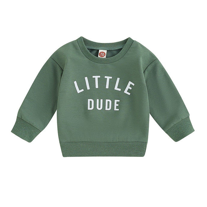Toddler Baby Boy Little Dude Print Round Neck Long Sleeve Pullovers Autumn Tops