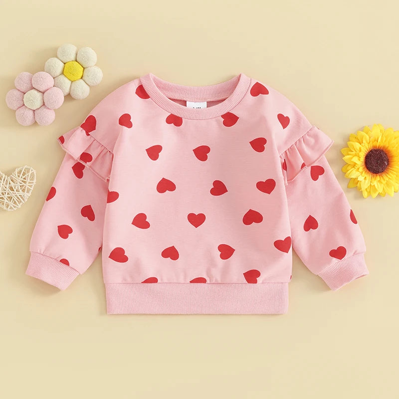 Baby Toddler Girl Valentine's Day Long Sleeve Ruffle Heart Print Pullover Top