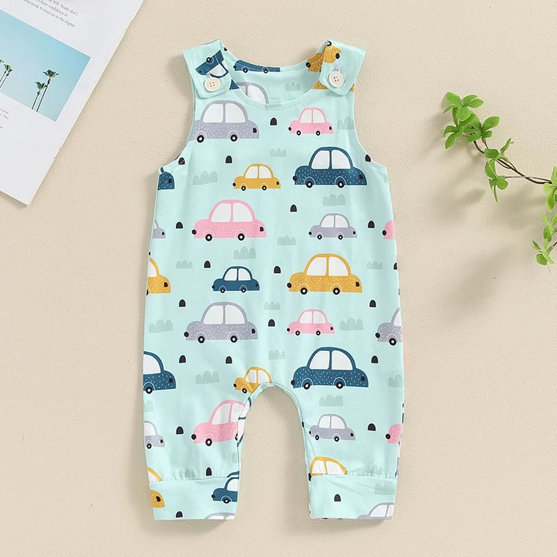 Baby Boy Summer Tank Romper Cartoon Tractor Car Print Sleeveless Round Neck Full Length Bodysuit