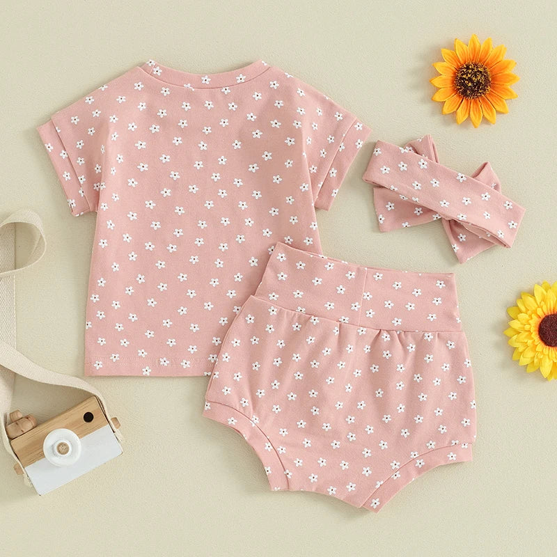 Baby Toddler Girl 3Pcs Clothing Sets Cotton Floral Flowers Print Short Sleeve Pullover Top + High Waist Shorts + Headband