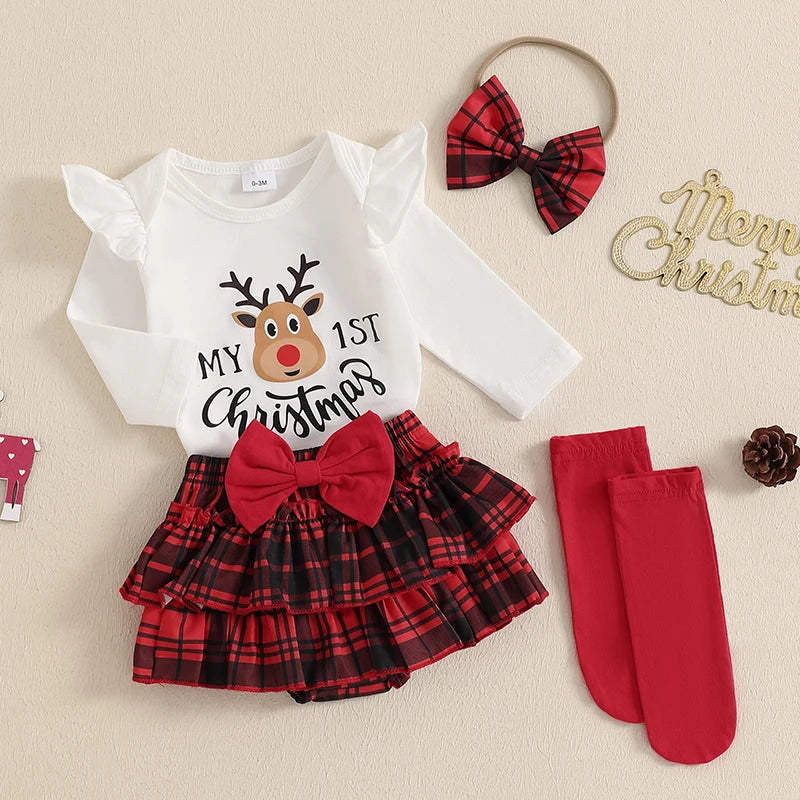 Baby Toddler Girls 4Pcs My 1st Christmas / Santa Baby First Outfit Letter Reindeer Ruffle Long Sleeve Romper Plaid Layered Ruffle Shorts Skirt Bloomers Socks Headband Bow Set