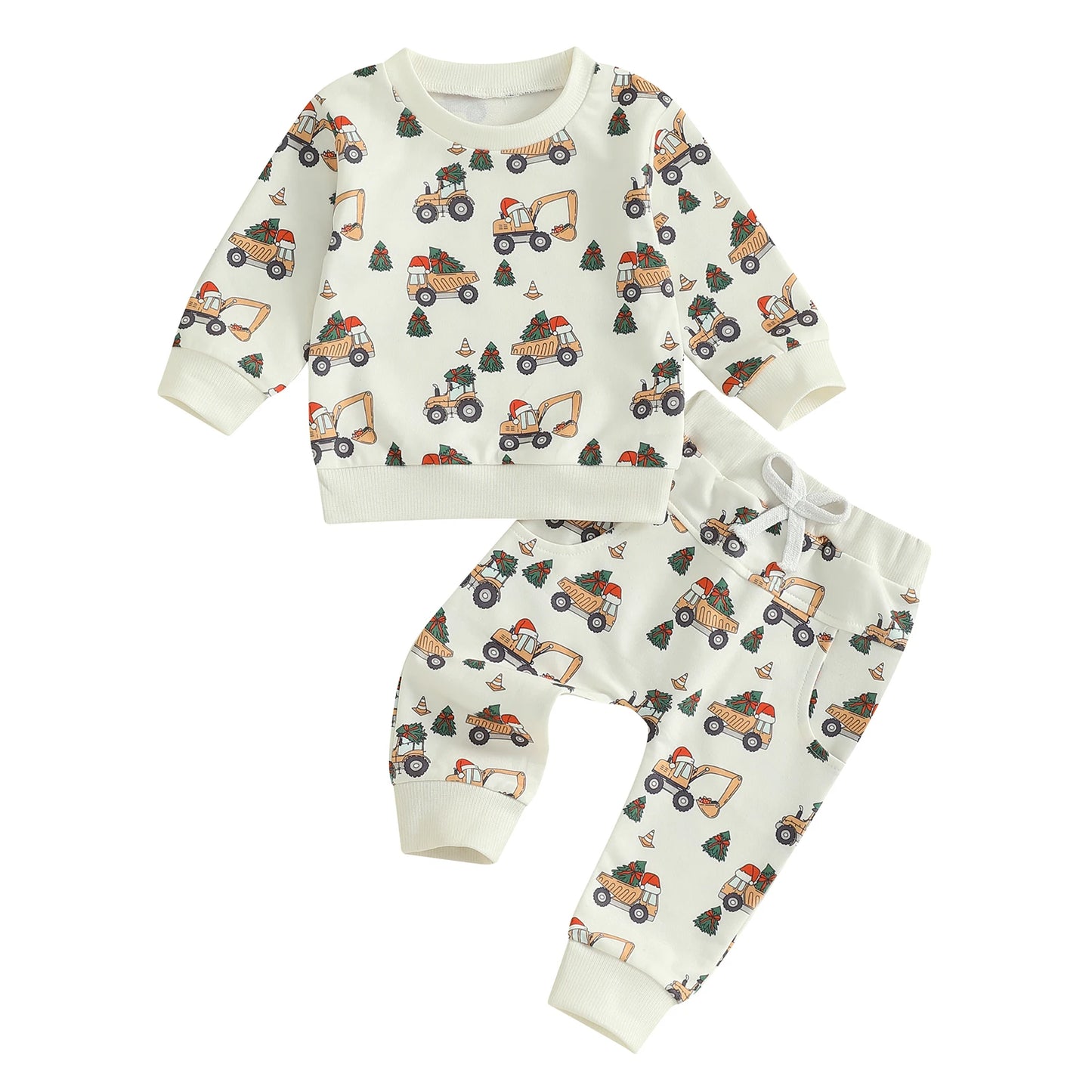 Toddler Baby Boy Christmas Outfit Dump Truck Excavator Christmas Tree Print Long Sleeve Sweatshirt and Pants 2Pcs Set