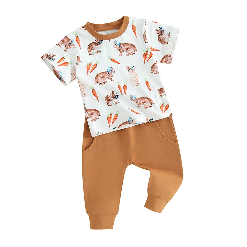 Baby Toddler Boy Girl 2Pcs Easter Outfit Carrot Rabbit Easter Bunny Print Short Sleeve T-Shirts Elastic Waist Long Pants Clothes Set