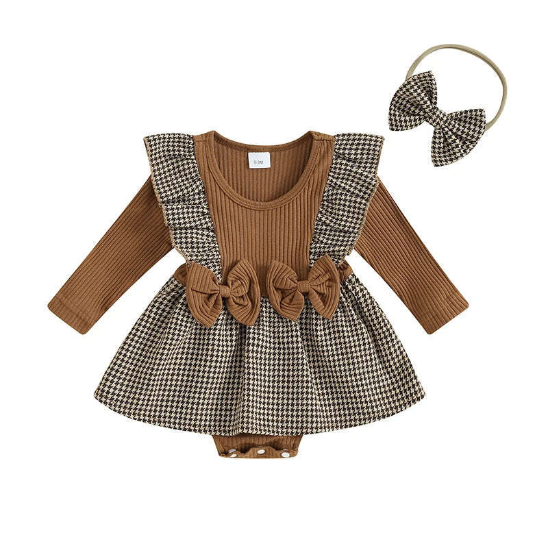 Baby Girls 2Pcs Autumn Romper Dress Long Sleeve Ruffle Houndstooth / Plaid Print Romper Overall Skirt With Headband Set