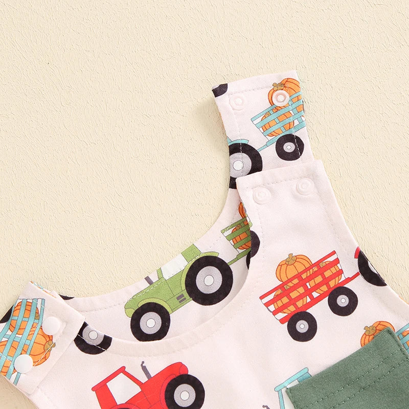 Baby Boys Jumpsuit Sleeveless Crew Neck Pocket Pumpkin Tractor Print Romper Halloween Jumpsuit