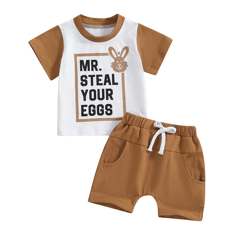 Baby Toddler Boys 2Pcs Easter Outfits Mr. Steal Your Eggs Letter Rabbit Print Contrast Color Short Sleeve T-Shirts Top and Shorts Clothes Set