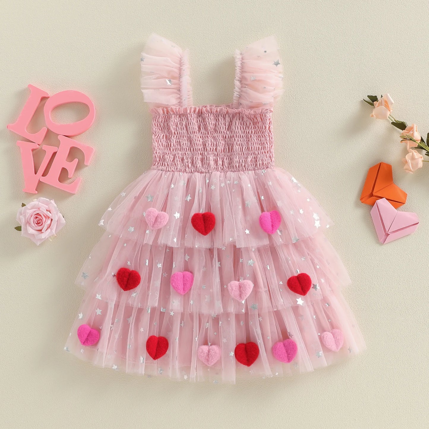 Baby Toddler Kids Girls Valentine's Day Tutu Dress Heart Decorated Sleeveless Square Neck Tulle Layered Dress