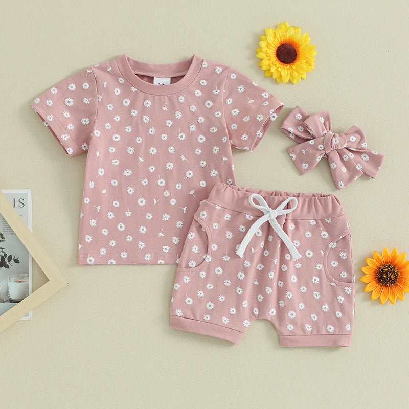 Toddler Baby Girls 3Pcs Clothes Set Floral Print Short Sleeve Top with Shorts and Headband Summer Outfit