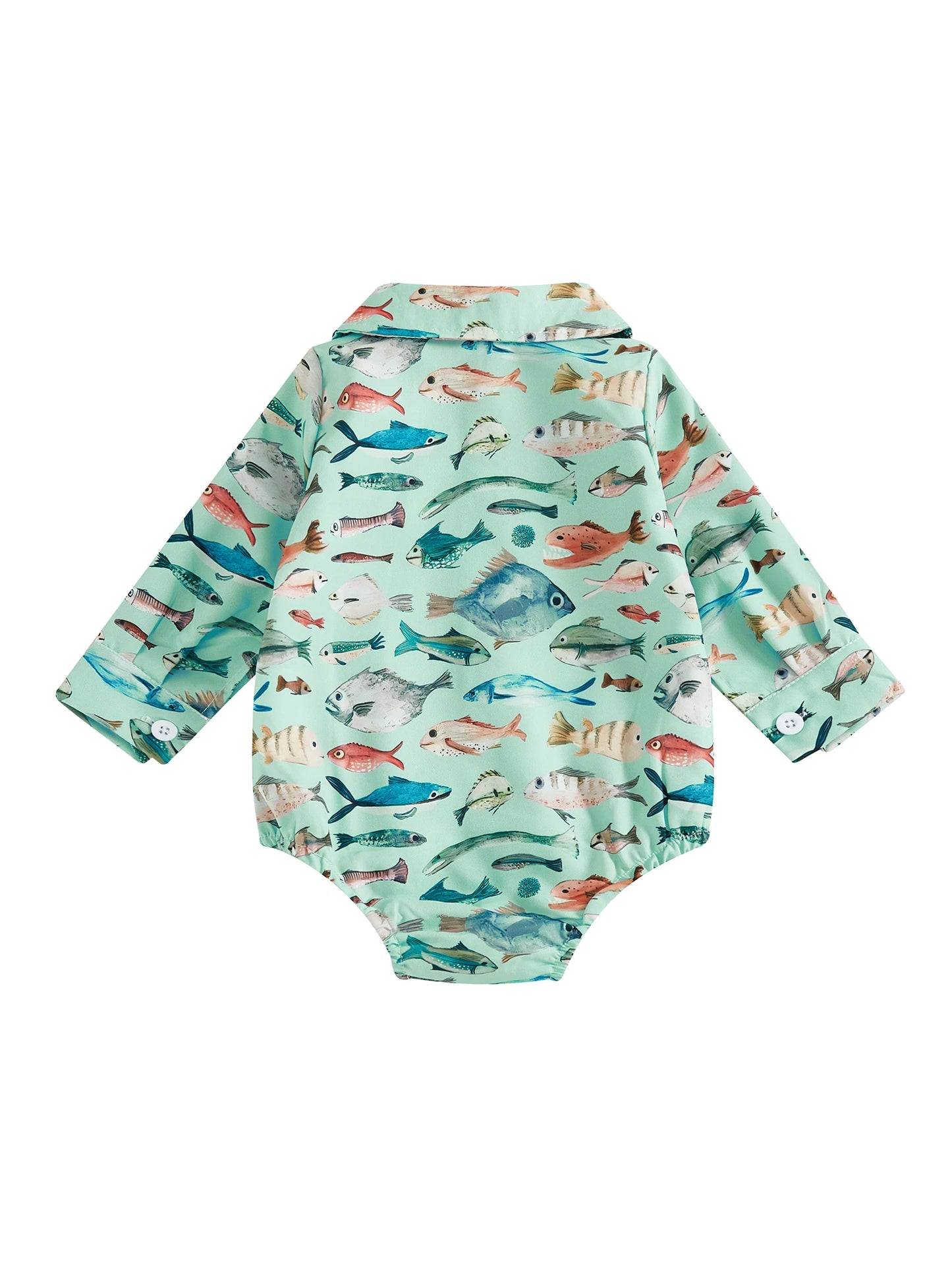 Baby Boys Girls Romper Long Sleeve Lapel Collar Fish Print Bodysuit Fall Playsuit