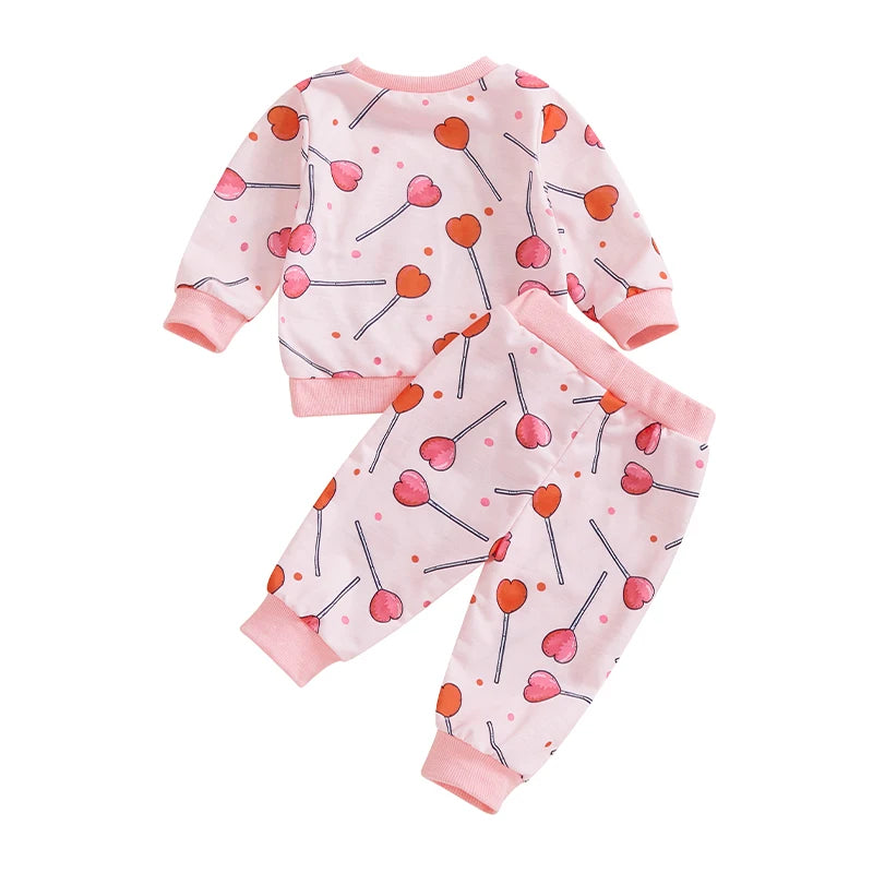 Baby Toddler Girls 2Pcs Valentine's Day Outfit Heart Candy Print Long Sleeve Top with Long Pants Valentines Jogger Set