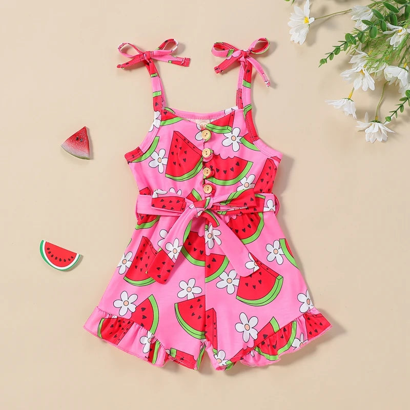 Baby Toddler Kids Girl Summer Jumpsuit Sleeveless Tie Strap Watermelon Print Belted Romper Shorts