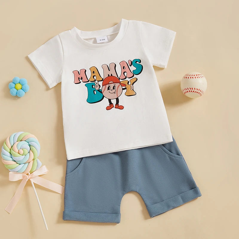 Baby Toddler Boys 2Pcs Mama's Boy Summer Outfit Letter Baseball Print O-Neck Short Sleeve Top with Elastic Waist Shorts Set