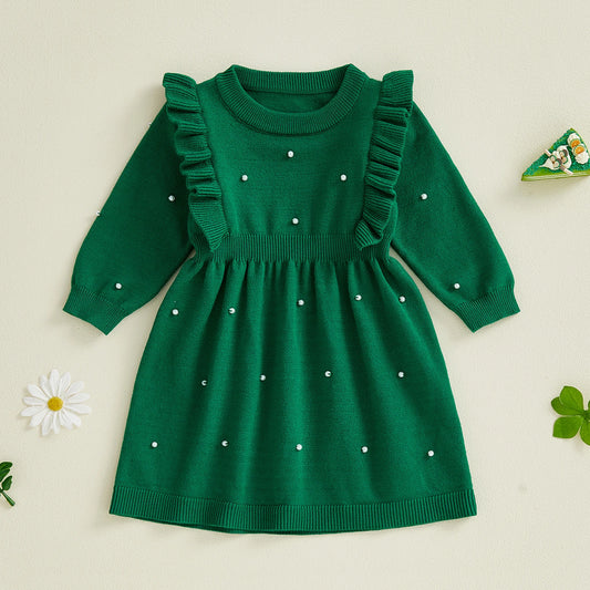 Baby Toddler Girls Knitted Dress Fashionable Ruffle Trim Solid Color Pearl Decorated Long Sleeves Round Neck Dress Christmas Holiday