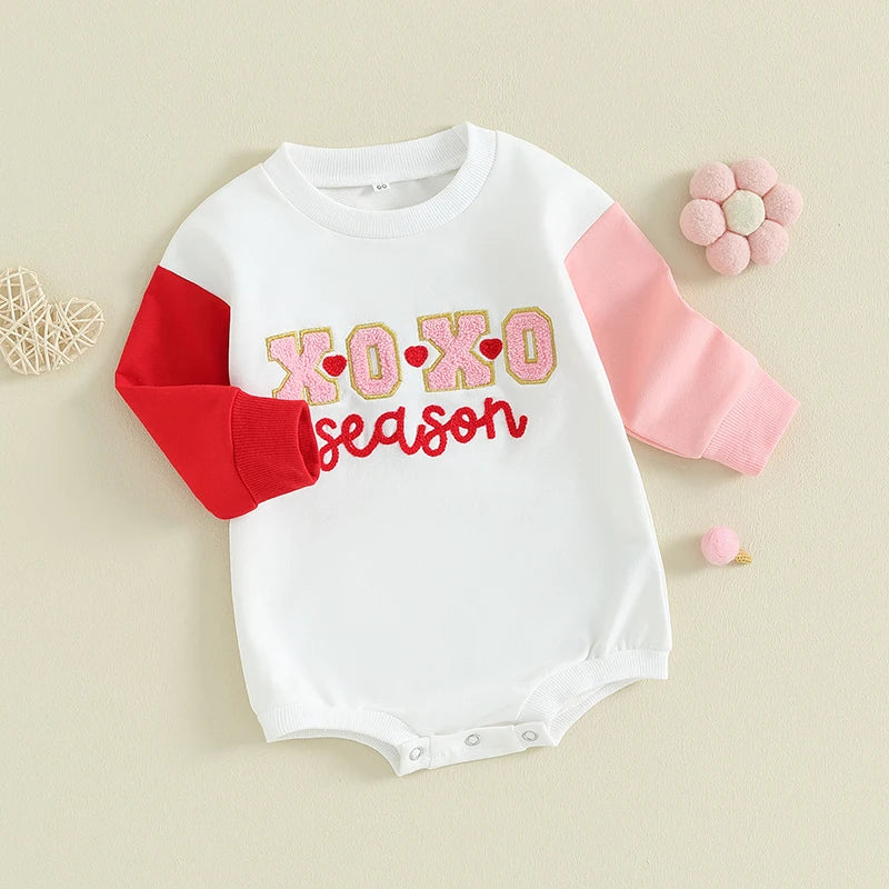 Baby Toddler Boy Girl Valentine’s Day Romper XOXO Season Jumpsuit Long Sleeve Print Patchwork